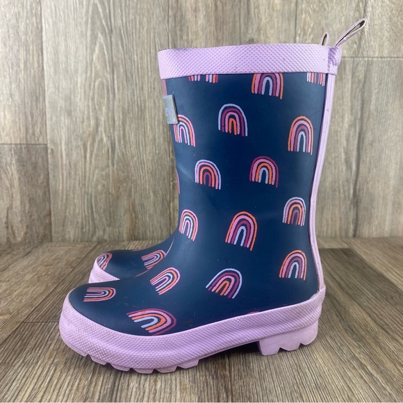 Hatley Rain Boots Girls Sz 8 Blue Purple Rainbow Waterproof Pull On Tall Toddler - Picture 1 of 8
